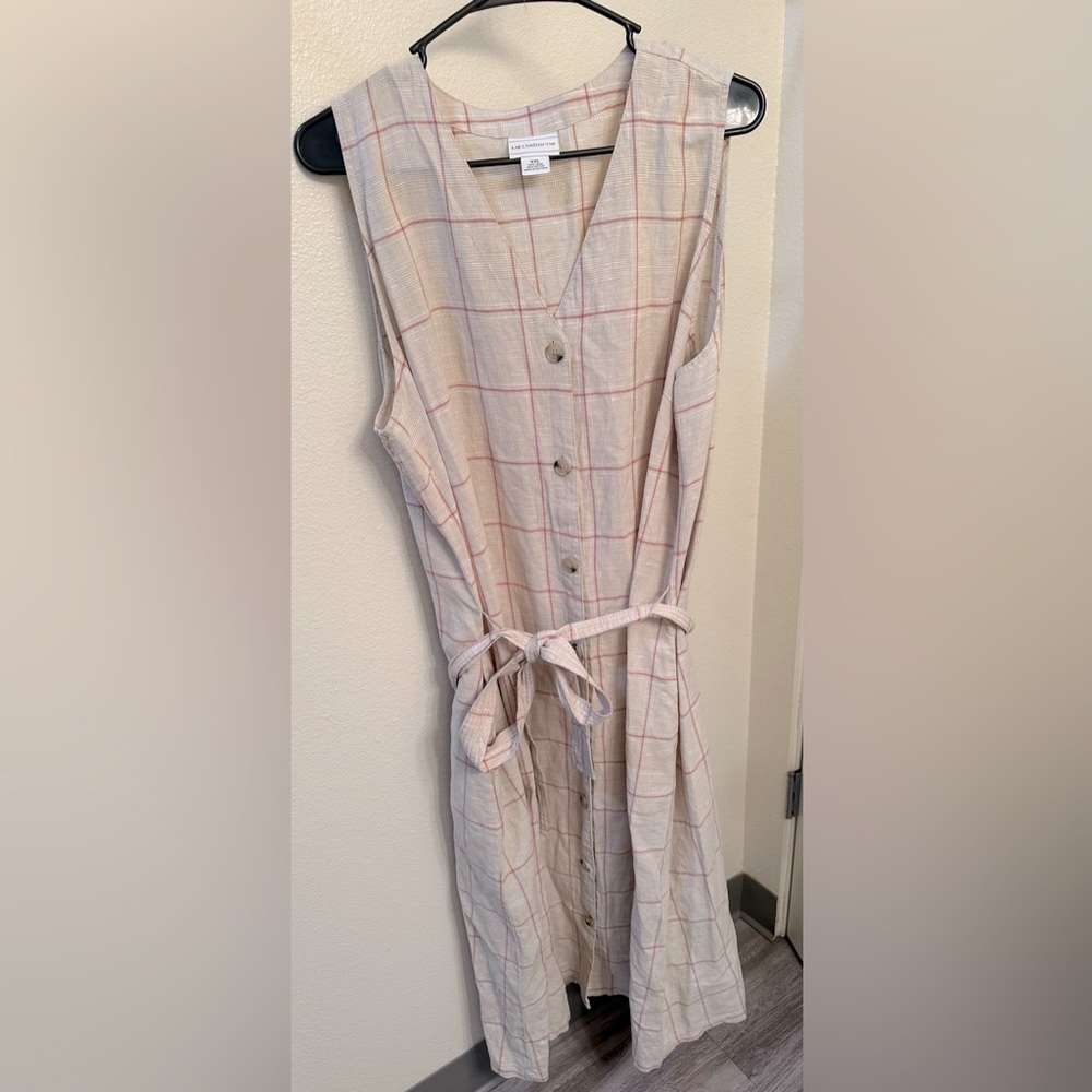 EUC Liz Claiborne Linen & Cotton blend tan Glen plaid shirt midi Dress XXL